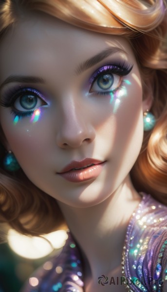 1girl,solo,long hair,looking at viewer,blue eyes,blonde hair,brown hair,jewelry,earrings,parted lips,shiny,lips,eyelashes,makeup,lipstick,gem,portrait,close-up,eyeshadow,realistic,nose,eyeliner,mascara,eye focus,smile,dress,green eyes,necklace,curly hair