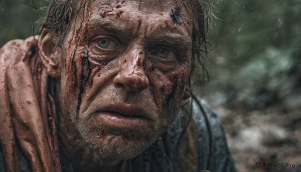 solo,looking at viewer,blue eyes,brown hair,1boy,male focus,parted lips,scarf,blurry,blood,blurry background,facial hair,messy hair,portrait,beard,close-up,rain,injury,blood on face,realistic,stubble,dirty,short hair,black hair,closed mouth,jacket,grey eyes,serious,manly