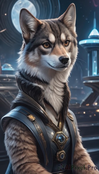 solo,looking at viewer,smile,1boy,brown eyes,jewelry,closed mouth,upper body,male focus,outdoors,sky,artist name,signature,vest,orange eyes,no humans,night,animal,moon,cat,gem,star (sky),night sky,furry,full moon,furry male,animal focus,whiskers,blurry,realistic