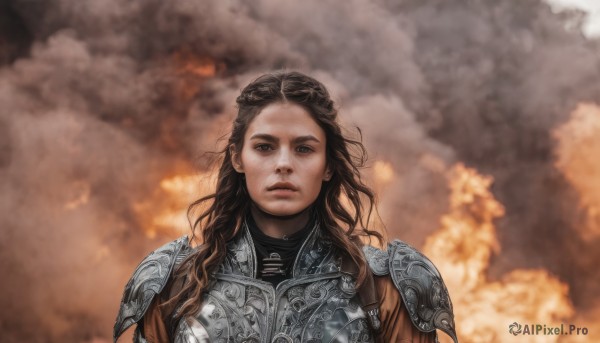 1girl,solo,long hair,looking at viewer,blue eyes,brown hair,brown eyes,closed mouth,upper body,sky,cloud,armor,lips,cloudy sky,shoulder armor,portrait,pauldrons,breastplate,realistic,expressionless,smoke