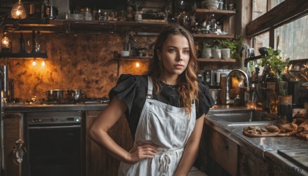 1girl,solo,long hair,looking at viewer,brown hair,shirt,brown eyes,jewelry,short sleeves,earrings,food,indoors,apron,cup,lips,hand on hip,black shirt,window,bottle,fire,plant,plate,rain,realistic,bread,kitchen,sitting,upper body,white apron,potted plant,jar,cabinet,cutting board