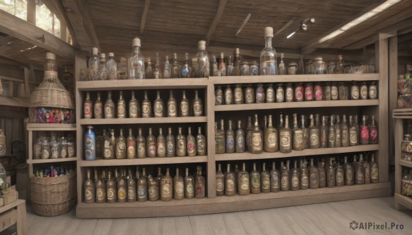 indoors,cup,no humans,window,sunlight,bottle,scenery,alcohol,wooden floor,fantasy,basket,shelf,wine bottle,jar,shop,ceiling,bar (place),counter,barrel,ceiling light,wooden wall,day,tree,plant,drinking glass,light rays,crystal,wine,loaded interior