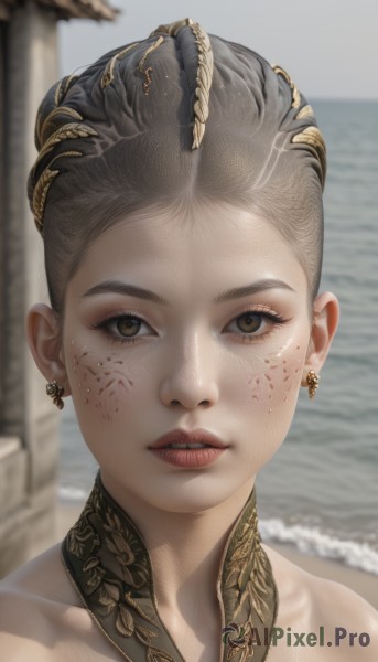 1girl,solo,looking at viewer,blonde hair,brown hair,black hair,brown eyes,jewelry,grey hair,multicolored hair,earrings,outdoors,parted lips,teeth,day,water,hair bun,blurry,lips,blood,blurry background,ocean,beach,single hair bun,portrait,freckles,blood on face,realistic,hair ornament,collarbone,necklace,dirty