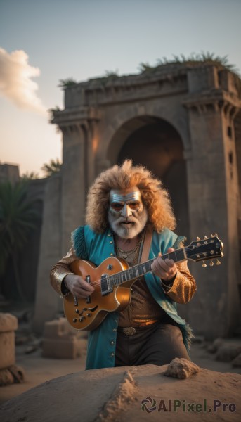 solo,shirt,long sleeves,1boy,holding,jewelry,jacket,male focus,outdoors,sky,day,belt,pants,cloud,necklace,blurry,coat,fur trim,blurry background,facial hair,sunglasses,instrument,beard,realistic,music,guitar,playing instrument,holding instrument,looking at viewer,blonde hair,standing,parody,ring,denim,building,ruins,fur coat,afro