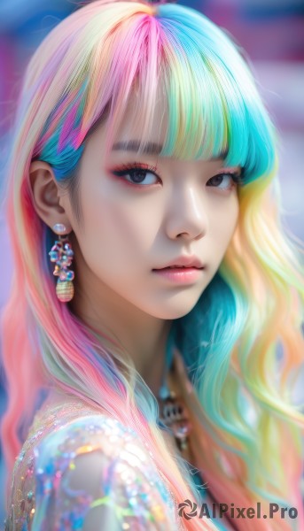 1girl,solo,long hair,looking at viewer,bangs,blonde hair,jewelry,closed mouth,blue hair,upper body,pink hair,multicolored hair,earrings,blunt bangs,necklace,blurry,black eyes,two-tone hair,lips,grey eyes,eyelashes,aqua hair,gradient hair,makeup,depth of field,blurry background,watermark,lipstick,gem,portrait,web address,eyeshadow,realistic,nose,eyeliner,mascara,rainbow hair,blue eyes,artist name