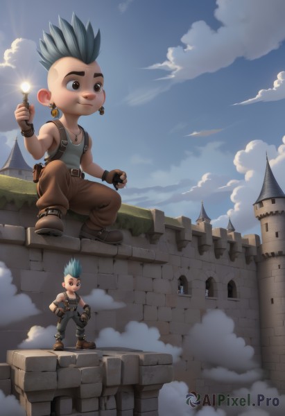 smile,gloves,brown eyes,jewelry,blue hair,grey hair,male focus,earrings,boots,outdoors,multiple boys,sky,day,belt,pants,cloud,2boys,fingerless gloves,necklace,hand on hip,brown footwear,squatting,tank top,spiked hair,child,smoke,pouch,castle,mohawk,1boy,sitting,chibi