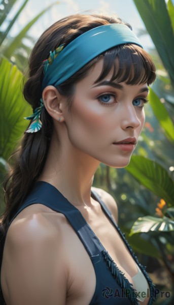 1girl,solo,long hair,breasts,looking at viewer,bangs,blue eyes,brown hair,black hair,hair ornament,cleavage,bare shoulders,jewelry,medium breasts,closed mouth,collarbone,upper body,braid,hairband,earrings,outdoors,day,artist name,mole,blurry,from side,lips,eyelashes,depth of field,blurry background,headband,leaf,plant,freckles,realistic,nose,stud earrings,blue hairband,small breasts,parted lips,piercing,sunlight,thick eyebrows,ear piercing,blue bikini,overalls