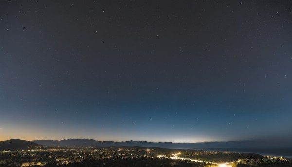 outdoors,sky,no humans,night,star (sky),night sky,scenery,starry sky,mountain,city,horizon,cityscape,landscape,mountainous horizon,city lights,hill