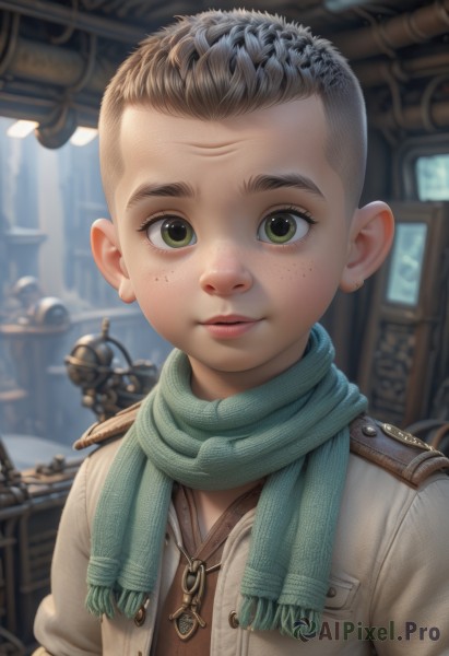 1girl,solo,looking at viewer,short hair,brown hair,1boy,jewelry,green eyes,jacket,upper body,grey hair,male focus,earrings,artist name,indoors,necklace,scarf,blurry,lips,blurry background,child,androgynous,freckles,realistic,very short hair,green scarf,parted lips,forehead,science fiction,male child