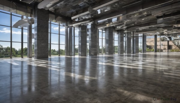 outdoors,sky,day,cloud,indoors,water,tree,blue sky,no humans,window,sunlight,building,scenery,reflection,pillar,reflective floor,reflective water,cloudy sky,plant,tiles,ceiling,ceiling light