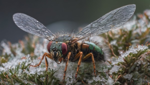 flower, wings, blurry, no humans, depth of field, blurry background, animal, bug, white flower, realistic, antennae, field, flower field, insect wings