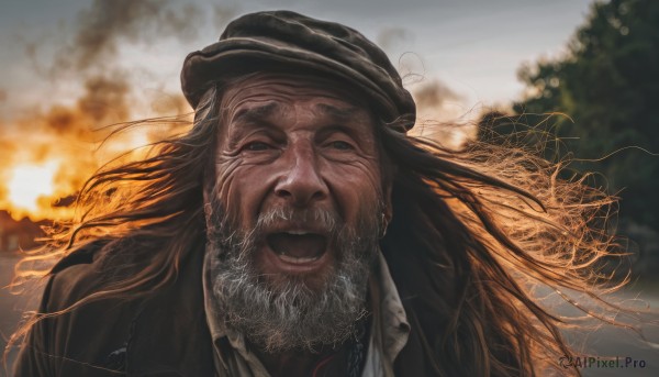 solo,long hair,looking at viewer,smile,open mouth,blue eyes,brown hair,shirt,1boy,hat,jacket,white shirt,upper body,male focus,outdoors,collared shirt,blurry,tree,black headwear,blurry background,facial hair,fire,portrait,beard,realistic,mustache,explosion,old,old man,ribbon,sky,day,cloud