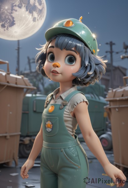 1girl,solo,looking at viewer,short hair,open mouth,bangs,blue eyes,shirt,black hair,hat,holding,blue hair,standing,white shirt,short sleeves,grey hair,cowboy shot,outdoors,parted lips,sky,teeth,sleeveless,collared shirt,artist name,signature,blurry,black eyes,flat chest,lips,sleeveless shirt,night,depth of field,blurry background,moon,helmet,ground vehicle,child,night sky,motor vehicle,full moon,personification,freckles,realistic,female child,car,overalls,badge,button badge,truck,blue overalls