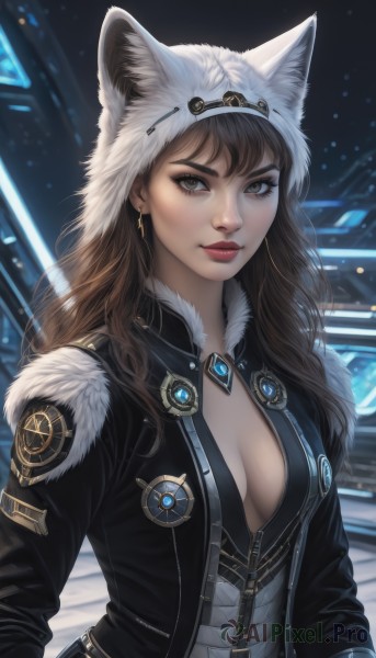 1girl,solo,long hair,breasts,looking at viewer,smile,bangs,brown hair,long sleeves,hat,animal ears,cleavage,brown eyes,jewelry,medium breasts,closed mouth,jacket,upper body,earrings,outdoors,open clothes,artist name,blurry,open jacket,lips,coat,black jacket,grey eyes,fur trim,eyelashes,makeup,blurry background,lipstick,snow,snowing,nose,unzipped,red lips,eyeliner,leather,animal hat,signature,hood,gem,realistic,badge