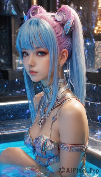 1girl,solo,long hair,breasts,looking at viewer,bangs,blue eyes,hair ornament,cleavage,bare shoulders,twintails,jewelry,medium breasts,sitting,blue hair,swimsuit,upper body,pink hair,sidelocks,bikini,multicolored hair,earrings,parted lips,water,necklace,two-tone hair,lips,grey eyes,eyelashes,makeup,detached collar,gem,armlet,eyeshadow,partially submerged,realistic,nose,pool,ponytail,small breasts,artist name,indoors,from side,wet,gradient hair,watermark