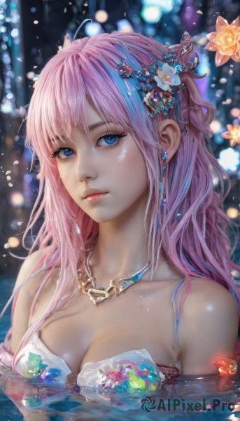 1girl,solo,long hair,breasts,looking at viewer,bangs,blue eyes,hair ornament,cleavage,bare shoulders,jewelry,medium breasts,closed mouth,blue hair,collarbone,upper body,pink hair,flower,multicolored hair,earrings,hair flower,water,necklace,blurry,lips,streaked hair,wet,eyelashes,depth of field,blurry background,gem,partially submerged,realistic,nose,artist name,two-tone hair,makeup,watermark,water drop,pink lips,mascara