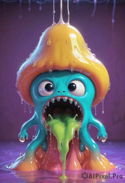 solo,looking at viewer,open mouth,blue eyes,teeth,tongue,artist name,water,black eyes,wet,no humans,saliva,colored skin,watermark,sharp teeth,purple background,dripping,ripples,slime (substance),slime (creature),1girl,fangs,tentacles,monster,vore