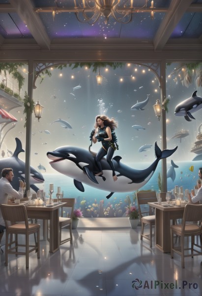 1girl,long hair,brown hair,shirt,black hair,1boy,holding,bare shoulders,jewelry,sitting,swimsuit,closed eyes,multiple boys,barefoot,sleeveless,pants,indoors,dark skin,water,cup,ocean,animal,chair,table,bottle,plant,instrument,scenery,reflection,fish,bubble,underwater,music,tiles,potted plant,candle,toeless legwear,riding,air bubble,watercraft,tile floor,stool,playing instrument,swimming,shark,whale,turtle,dolphin,coral,wetsuit,multiple girls,dress,2girls,sky,2boys,night,star (sky),drinking glass,glass,lamp,violin,trumpet,chandelier,aquarium