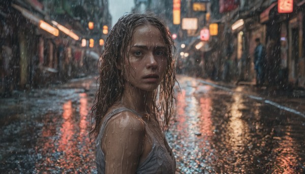 1girl, solo, long hair, looking at viewer, blue eyes, black hair, upper body, outdoors, dark skin, blurry, dark-skinned female, lips, wet, night, blurry background, wet clothes, rain, city, realistic, road, wet hair, street, paper lantern