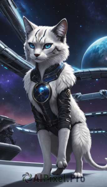 solo,looking at viewer,blue eyes,closed mouth,standing,jacket,full body,sky,black jacket,no humans,animal,moon,cat,gem,star (sky),starry sky,colored sclera,science fiction,space,animal focus,white fur,planet,whiskers,earth (planet),artist name