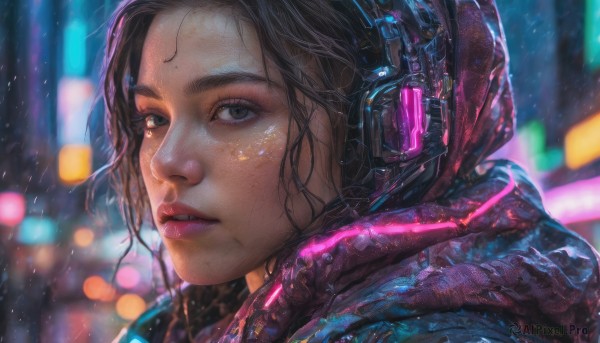 A female in a dynamic rainy dynamic scene
