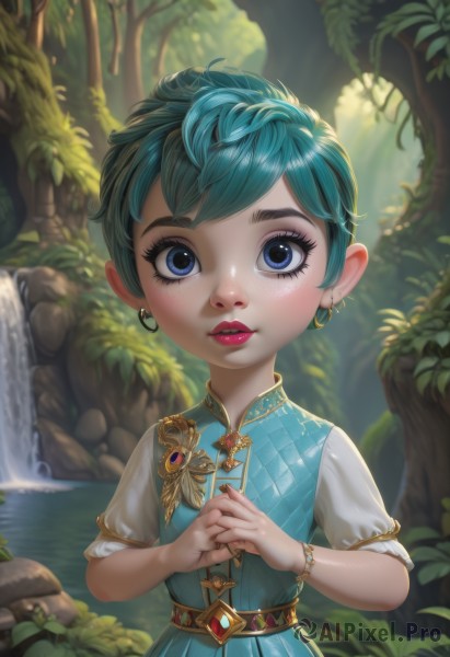 1girl,solo,looking at viewer,short hair,bangs,blue eyes,dress,jewelry,blue hair,upper body,short sleeves,earrings,outdoors,parted lips,green hair,day,belt,artist name,water,blurry,bracelet,tree,puffy short sleeves,lips,fingernails,eyelashes,aqua hair,makeup,depth of field,blurry background,blue dress,watermark,sunlight,thick eyebrows,own hands together,plant,lipstick,brooch,gem,child,nature,eyeshadow,forest,freckles,gold trim,red lips,river,waterfall,mascara,leaf,rock