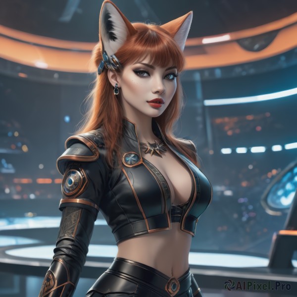 1girl,solo,long hair,breasts,looking at viewer,bangs,large breasts,brown hair,hair ornament,long sleeves,navel,animal ears,cleavage,brown eyes,jewelry,medium breasts,jacket,upper body,earrings,parted lips,midriff,artist name,cat ears,necklace,orange hair,mole,blurry,lips,black jacket,fox ears,makeup,depth of field,blurry background,lipstick,fox girl,eyeshadow,freckles,cropped jacket,red lips,eyeliner,red hair,indoors,armor,crop top,grey eyes,shoulder armor,realistic