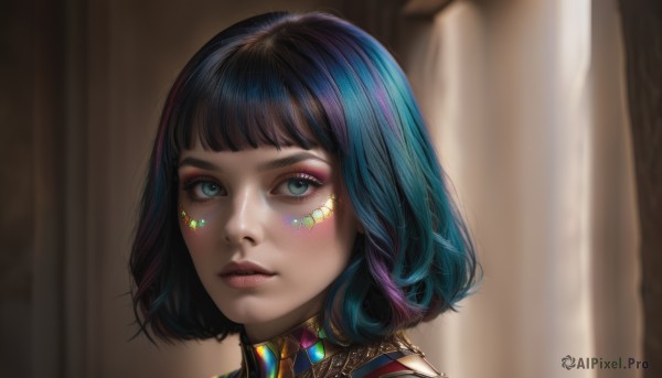 1girl,solo,looking at viewer,short hair,bangs,blue eyes,black hair,green eyes,blue hair,purple hair,multicolored hair,parted lips,artist name,blunt bangs,blurry,lips,eyelashes,makeup,blurry background,facial mark,bob cut,gem,portrait,eyeshadow,realistic,nose,red lips,eyeliner,facial tattoo,mascara,jewelry,closed mouth,aqua eyes,streaked hair,watermark,web address,close-up,pink lips,facepaint