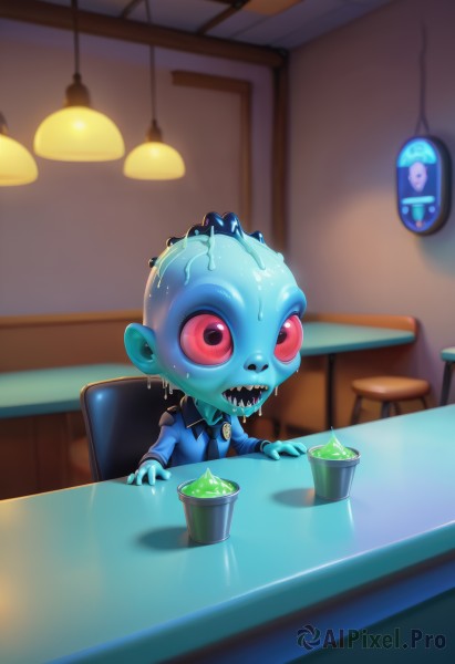 solo,open mouth,shirt,red eyes,1boy,sitting,male focus,sweat,necktie,teeth,indoors,pink eyes,uniform,cup,wet,colored skin,chair,table,plant,sharp teeth,colored sclera,blue skin,potted plant,lamp,restaurant,pointy ears,saliva,blue shirt,light bulb