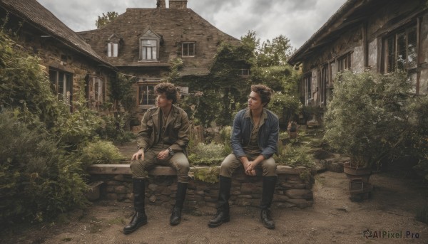 smile,short hair,brown hair,shirt,black hair,sitting,jacket,male focus,boots,outdoors,multiple boys,sky,pants,cloud,2boys,black footwear,tree,window,facial hair,cloudy sky,plant,building,scenery,bench,bush,leather,house,jewelry,closed mouth,open clothes,day,belt,necklace,looking at another,open jacket,knee boots,blue shirt,blue jacket,brown jacket,white pants,leather jacket,leather boots