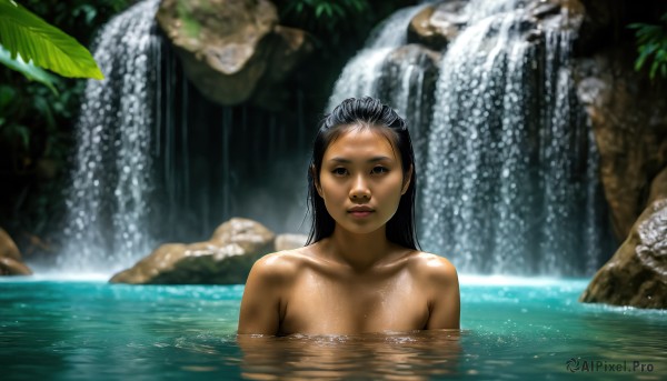 HQ,1girl,solo,long hair,looking at viewer,black hair,collarbone,upper body,nude,outdoors,dark skin,water,black eyes,flat chest,dark-skinned female,lips,wet,leaf,nature,partially submerged,rock,realistic,onsen,bathing,wet hair,waterfall,brown eyes,parted lips