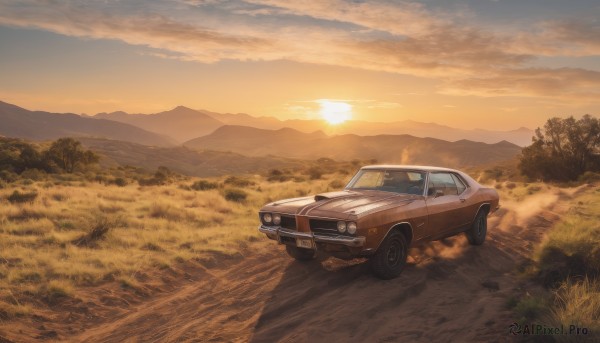 outdoors,sky,cloud,tree,no humans,cloudy sky,grass,ground vehicle,nature,scenery,motor vehicle,forest,sunset,mountain,sun,car,road,field,vehicle focus,evening,mountainous horizon,orange sky,shadow,landscape