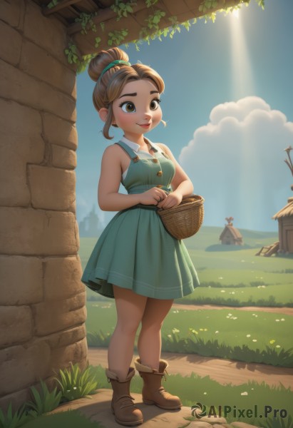 1girl,solo,breasts,blush,smile,short hair,brown hair,hair ornament,dress,holding,bare shoulders,brown eyes,standing,full body,flower,sidelocks,boots,outdoors,sky,teeth,sleeveless,day,artist name,cloud,hair bun,tree,blue sky,lips,bare arms,sleeveless dress,blue dress,shadow,watermark,brown footwear,sunlight,single hair bun,thick eyebrows,grass,plant,building,child,freckles,green dress,sun,basket,ankle boots,brick wall,holding basket,open mouth,parted lips,aqua dress,stone wall