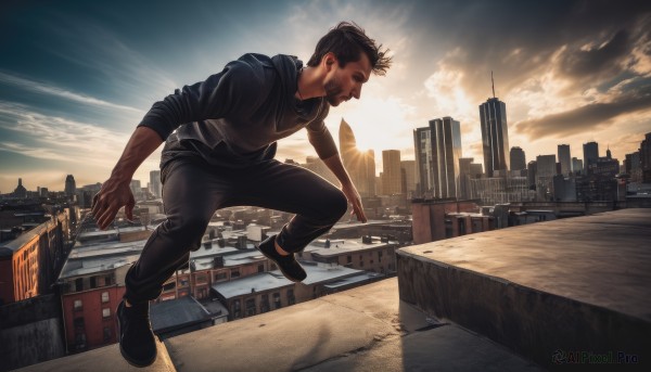 solo,short hair,black hair,1boy,male focus,outdoors,sky,shoes,pants,cloud,hood,black footwear,hoodie,facial hair,black pants,dark-skinned male,hood down,cloudy sky,building,sleeves rolled up,city,realistic,cityscape,undercut,black hoodie,rooftop,brown hair,shirt,jacket,full body,sneakers,sunset,sunrise