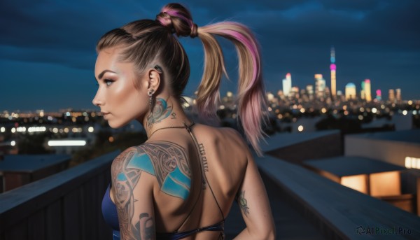 1girl,solo,long hair,breasts,blue eyes,brown hair,dress,bare shoulders,jewelry,medium breasts,upper body,ponytail,pink hair,multicolored hair,earrings,sky,looking back,from behind,two-tone hair,lips,tattoo,profile,makeup,night,back,piercing,ear piercing,night sky,city,nose,cityscape,hair pulled back,city lights,back tattoo,black hair,swimsuit,bikini,outdoors,blurry,streaked hair,ocean,realistic