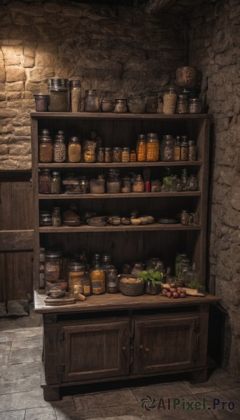 food,indoors,no humans,bottle,plant,scenery,basket,tiles,bread,shelf,jar,still life,counter,fruit,box,plate,bowl,wall,brick wall,kitchen,cabinet,stone wall