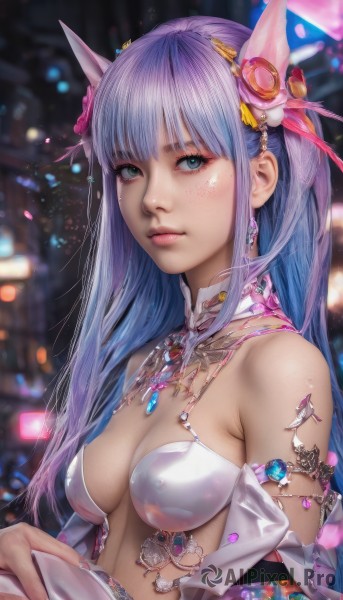 1girl,solo,long hair,breasts,looking at viewer,bangs,blue eyes,hair ornament,cleavage,bare shoulders,jewelry,medium breasts,closed mouth,green eyes,blue hair,upper body,purple hair,flower,bikini,earrings,hair flower,necklace,blurry,covered nipples,lips,see-through,blurry background,headgear,gem,armlet,freckles,realistic,nose,sidelocks,detached sleeves,shiny,artist name,shiny hair,shiny skin,eyelashes,makeup,detached collar,watermark,revealing clothes,pink ribbon,mascara