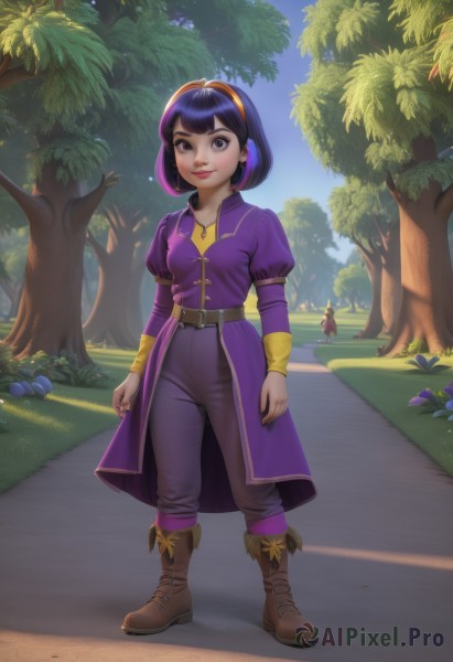 1girl,solo,breasts,looking at viewer,smile,short hair,bangs,shirt,black hair,long sleeves,dress,jewelry,closed mouth,standing,full body,purple hair,flower,multicolored hair,hairband,boots,outdoors,sky,solo focus,day,puffy sleeves,belt,pants,artist name,signature,nail polish,black eyes,two-tone hair,tree,blue sky,puffy short sleeves,lips,streaked hair,coat,makeup,headphones,watermark,brown footwear,bob cut,knee boots,grass,lipstick,juliet sleeves,nature,web address,buckle,forest,walking,belt buckle,nose,arms at sides,pants tucked in,brown eyes,blue hair,earrings,multiple boys,necklace