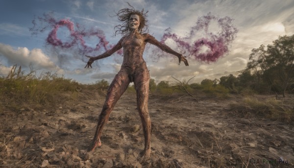 1girl,solo,long hair,breasts,black hair,medium breasts,standing,nude,outdoors,sky,cloud,tree,cloudy sky,outstretched arms,nature,forest,spread arms,looking at viewer,full body,barefoot,day,grass,messy hair,walking,dirty,horror (theme)