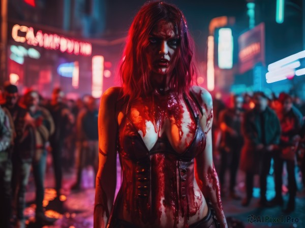 1girl,long hair,breasts,looking at viewer,large breasts,cleavage,bare shoulders,medium breasts,red hair,solo focus,blurry,lips,blood,night,depth of field,blurry background,corset,blood on face,city,realistic,blood on clothes,zombie,neon lights,solo,underwear,outdoors,necklace,torn clothes,crowd