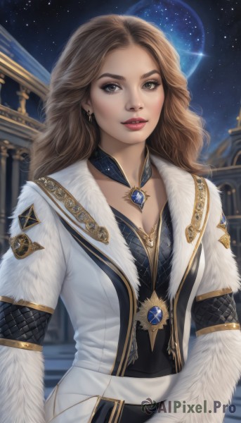 1girl,solo,long hair,breasts,looking at viewer,smile,brown hair,dress,cleavage,brown eyes,jewelry,medium breasts,upper body,earrings,parted lips,sky,choker,belt,necklace,lips,coat,fur trim,makeup,night,wavy hair,moon,lipstick,gem,star (sky),night sky,full moon,eyeshadow,starry sky,curly hair,realistic,nose,white coat,red lips