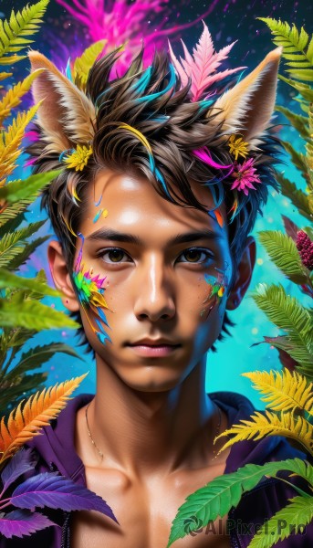 solo,looking at viewer,short hair,brown hair,hair ornament,1boy,animal ears,brown eyes,jewelry,closed mouth,collarbone,jacket,upper body,flower,male focus,earrings,cat ears,hair flower,dark skin,hood,necklace,lips,eyelashes,leaf,feathers,plant,portrait,extra ears,zipper,freckles,realistic,yellow flower,nose,stud earrings,colorful,paint splatter,shirt,black hair,multicolored hair,open clothes,artist name,purple shirt,paint,paint splatter on face