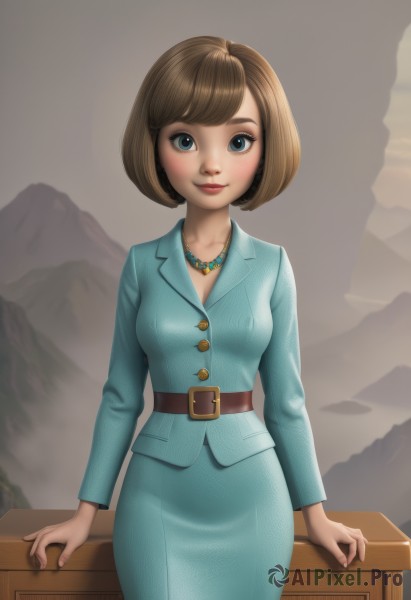 1girl,solo,breasts,looking at viewer,smile,short hair,bangs,blue eyes,skirt,brown hair,shirt,long sleeves,jewelry,medium breasts,closed mouth,standing,jacket,cowboy shot,outdoors,belt,necklace,lips,blue skirt,makeup,buttons,swept bangs,arm support,formal,bob cut,suit,lipstick,blue jacket,pencil skirt,red lips,brown belt,pearl necklace,skirt suit,blush,collarbone,sky,artist name,eyelashes,freckles,mountain,nose