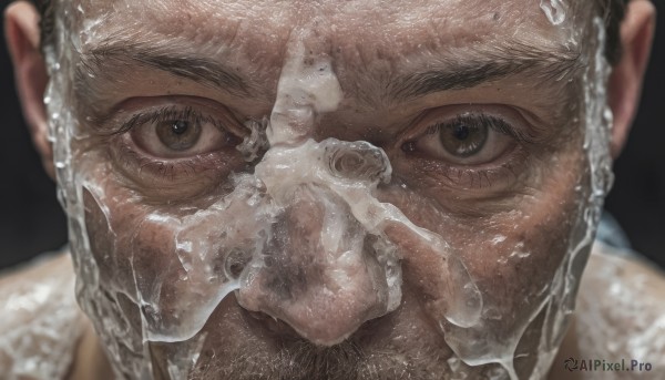 solo,looking at viewer,short hair,simple background,black hair,1boy,brown eyes,male focus,blurry,wet,mask,black background,portrait,close-up,realistic,mouth mask,wrinkled skin,water,black eyes,facial hair,reflection,very short hair,eye focus