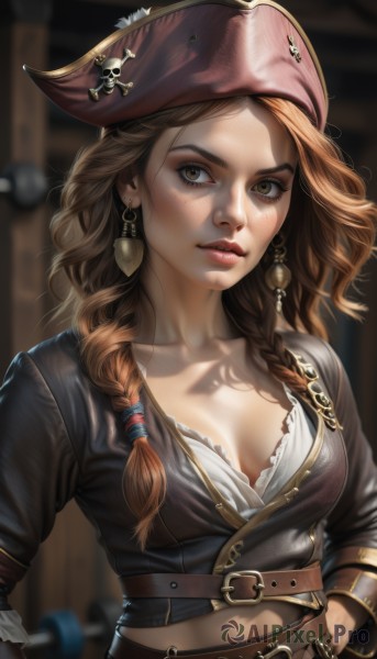 1girl,solo,long hair,breasts,looking at viewer,brown hair,shirt,long sleeves,hat,navel,cleavage,brown eyes,jewelry,medium breasts,collarbone,white shirt,upper body,weapon,braid,earrings,parted lips,midriff,belt,blurry,twin braids,lips,hand on hip,eyelashes,depth of field,blurry background,hair over shoulder,buckle,freckles,hands on hips,realistic,nose,bandana,red lips,brown belt,leather,pirate hat,pirate,multiple braids,blush,bra,ring