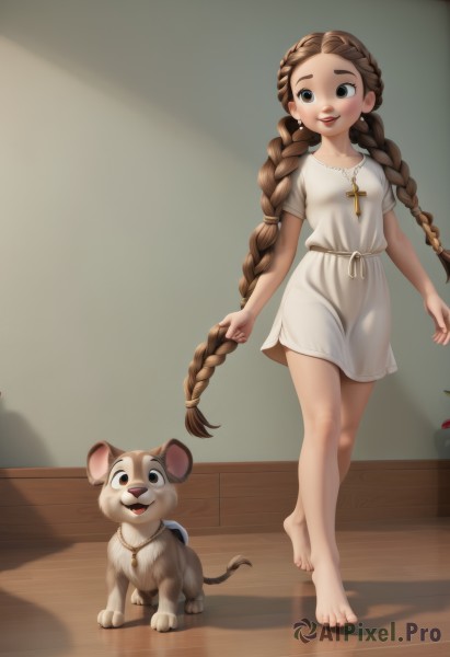 1girl,solo,long hair,smile,open mouth,brown hair,dress,twintails,brown eyes,jewelry,very long hair,standing,full body,braid,short sleeves,earrings,food,barefoot,indoors,necklace,white dress,twin braids,feet,toes,fruit,shadow,animal,cross,child,forehead,walking,cross necklace,mouse,breasts,blush,small breasts,artist name,signature,lips,legs,wooden floor