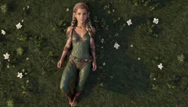 1girl,solo,long hair,breasts,looking at viewer,blue eyes,blonde hair,brown hair,gloves,braid,flower,boots,lying,barefoot,pointy ears,elbow gloves,belt,twin braids,lips,bodysuit,grass,elf,realistic,leather,smile,cleavage,bare shoulders,medium breasts,collarbone,small breasts,on back,from above,brown footwear,white flower,green bodysuit