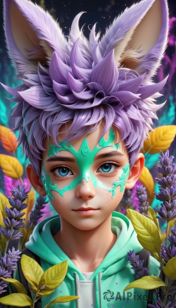 solo,looking at viewer,short hair,blue eyes,1boy,animal ears,closed mouth,upper body,purple hair,flower,male focus,artist name,hood,blurry,lips,animal ear fluff,fox ears,eyelashes,hoodie,leaf,facial mark,hood down,plant,portrait,extra ears,freckles,nose,purple flower,drawstring,facepaint,fox boy,child,sunflower,male child