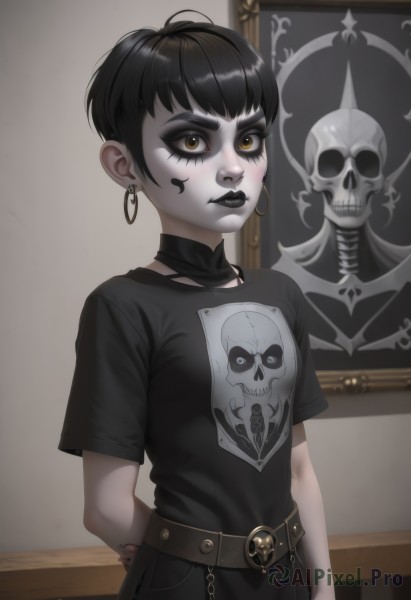 1girl,solo,looking at viewer,short hair,bangs,shirt,black hair,brown eyes,jewelry,closed mouth,standing,yellow eyes,upper body,short sleeves,cowboy shot,earrings,choker,belt,artist name,indoors,nail polish,lips,black shirt,eyelashes,tattoo,makeup,black choker,facial mark,arms behind back,thick eyebrows,cross,lipstick,t-shirt,pale skin,black nails,eyeshadow,arm behind back,skull,hoop earrings,nose,red lips,eyeliner,very short hair,cross earrings,mascara,gothic,black lips,pants,flat chest,facepaint,print shirt,grey skin,painting (object),skull print