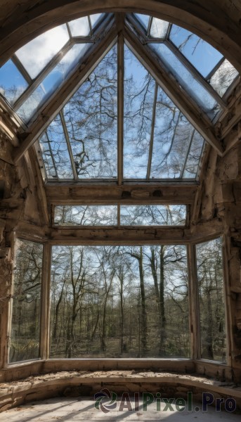 outdoors,sky,day,cloud,indoors,tree,blue sky,no humans,window,shadow,sunlight,nature,scenery,snow,forest,winter,bare tree,broken window,cloudy sky,plant,fantasy,ruins,arch